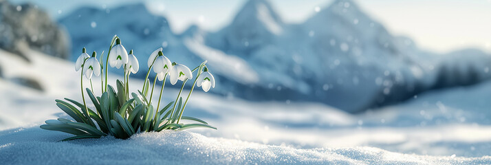 winter wonderland in Sierra Nevada, USA, with white snowdrop flowers