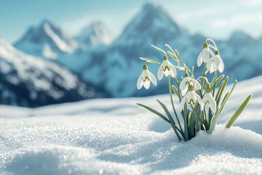 winter wonderland in Sierra Nevada, USA, with white snowdrop flowers