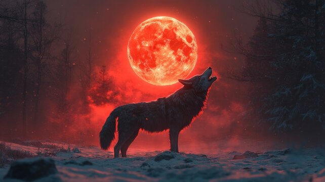 Powerful Fenrir howling at a blood-red moon in a snowy wilderness, symbolizing chaos and doom.
