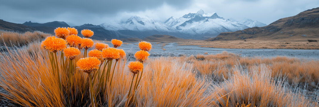 winter scene in the Andes, South America. warm orange mutisia flowers stand out against the snowy peaks in the background