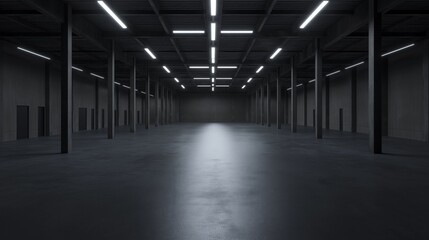 A dark and empty warehouse in a 3D style. Empty space of a warehouse with a timeless tone to the environment.