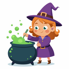 A little witch stirring a potion in a bubbling cauldron on a white background