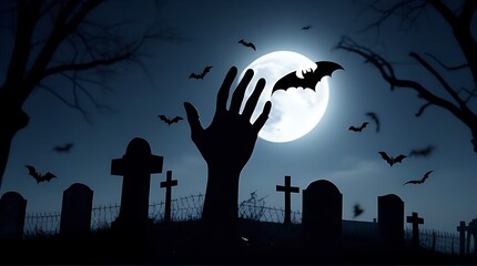 zombie hand rising graveyard full moon bats halloween