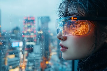 A woman experiences augmented reality weather data overlaying a city skyline.