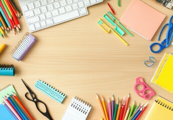 flat lay of stationery and school supplies on an office desk