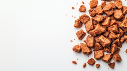 Scattered golden brown rocks on a white background, showcasing raw mineral texture and natural beauty. Perfect for geological or decorative themes.