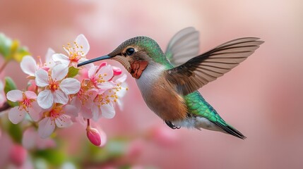 Fototapeta premium Close-up of a hummingbird feeding from blooming flowers, highlighting its iridescent feathers on a white background