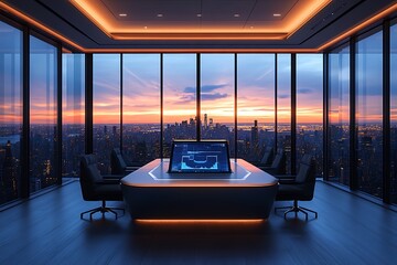 A futuristic office with a holographic desk overlooking a city skyline at sunset.
