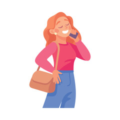 Woman Character Speak Mobile Phone Vector Illustration