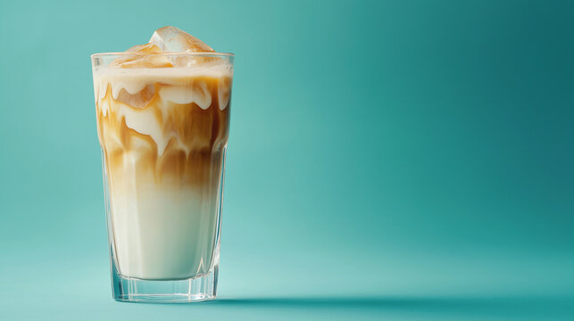 ice latte coffee with milk in tall glass , isolated on blue background 