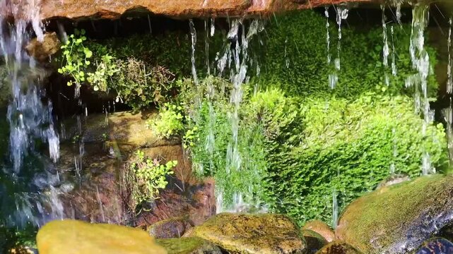 Minature water fall with rocks and plants.