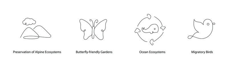 Ecosystem Preservation - Icons Representing: Preservation of Alpine Ecosystems, Ocean Ecosystems, Migratory Birds, Butterfly-friendly Gardens