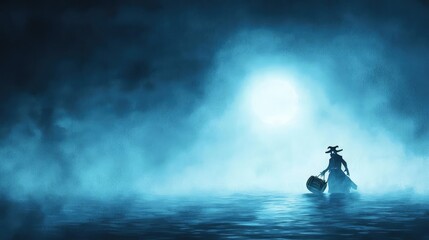 Fototapeta premium A mysterious figure paddles through foggy waters under a glowing moon, evoking feelings of adventure and intrigue.