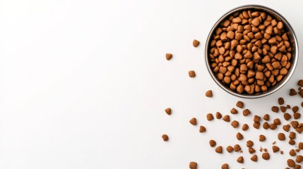 Top view of dry dog food in a metal bowl with scattered kibbles on a white background. Perfect for...