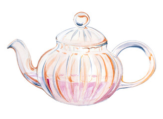 Transparent glass teapot  with tea design. Watercolor kettle illustration. Retro kitchenware clipart.