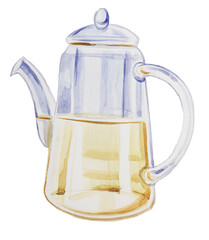 Transparent glass teapot  with tea design. Watercolor kettle illustration. Retro kitchenware clipart.