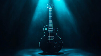 Obraz premium A sleek black guitar stands out against a dark background, bathed in a cool blue glow.