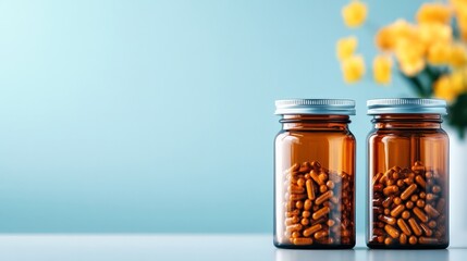 Two amber glass jars filled with capsules, placed on a counter with a blue background and yellow flowers in the background.