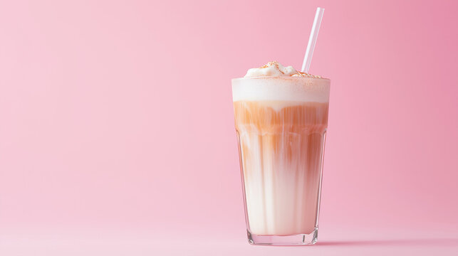 a glass of ice latte coffee isolated on pink background