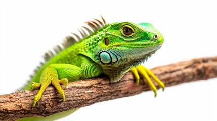 Fototapeta premium Vibrant green iguana resting on a branch, isolated on white background. Perfect stock photo for nature, wildlife, and reptile themes.