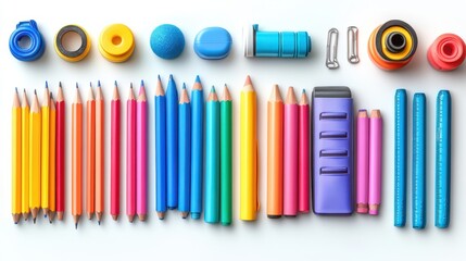 Obraz premium Colorful clipart of office supplies and tools on a white background