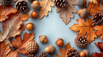 Fototapeta premium Illustration AI horizontal autumn leaves with acorns and pinecones arrangement. Plants and flowers.