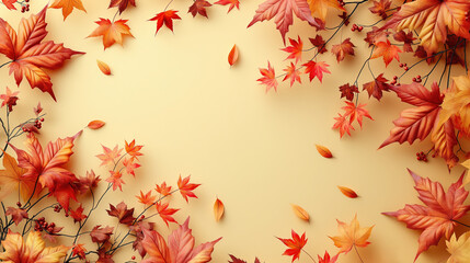 Illustration AI horizontal autumn leaves and berries on a warm background. Plants and flowers.
