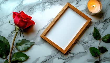 Red Rose, Wooden Frame, and Lit Candle on Marble Surface