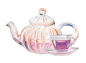 Transparent glass teapot  with tea design. Watercolor kettle illustration. Retro kitchenware clipart.