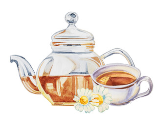 Transparent glass teapot  with tea design. Watercolor kettle illustration. Retro kitchenware clipart.