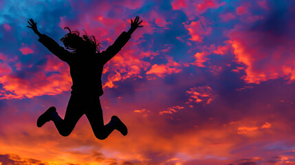 Joyful Silhouette of a Young active woman or girl Jumping in the Sunset: Female Silhouette with Arms Raised, Outdoor Freedom, Happiness, and Energy Violet and Purple Sky Black figure Evening sunlight 