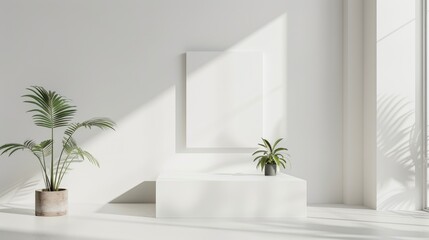 Stylish white square podium mockup in modern interior for showcasing products and designs vertically.