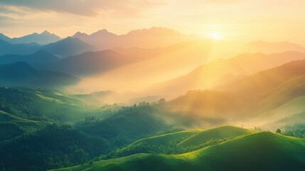 Fototapeta premium Vibrant sunrise over rolling mountains with rays of light piercing through mist, lush green valleys in the foreground, serene natural landscape in perfect harmony - Generative AI