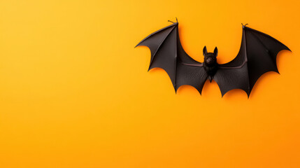 Fototapeta premium black bat spread wings on a vibrant orange background, with copy space for text