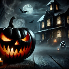 Menacing black pumpkin Halloween scene
