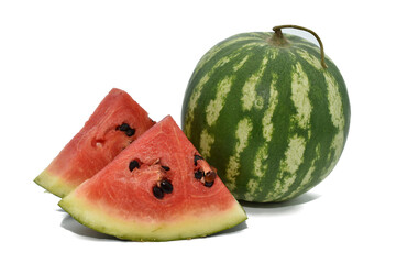 Ripe striped watermelon and two pieces of juicy watermelon on a white background.