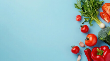 top view of a fresh variety of vegetables on a blue background
