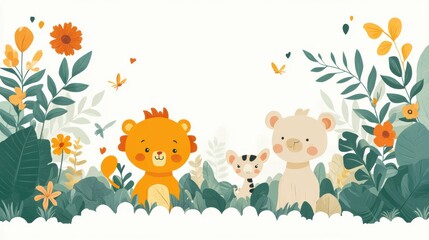 Naklejka premium Cute safari animals in a border design on white background