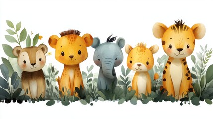 Fototapeta premium Cute safari animals in a border design on white background