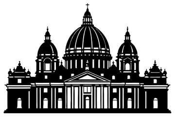 St. Peter's Basilica in Rome, Italy. Vatican City. Basilica Papale di San Pietro in Vaticano. Hand drawn linear doodle rough sketch. Black and white silhouette