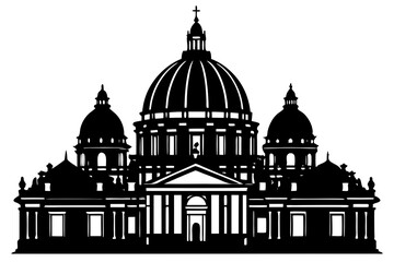 St. Peter's Basilica in Rome, Italy. Vatican City. Basilica Papale di San Pietro in Vaticano. Hand drawn linear doodle rough sketch. Black and white silhouette