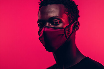 Fototapeta premium Modern Mens Burgundy Face Mask with Solid Neon Pink Contemporary Lifestyle Portrait Background