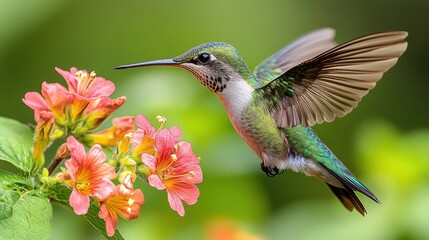 Fototapeta premium Detailed image of a hummingbird interacting with flowers, showcasing vivid colors on a white background