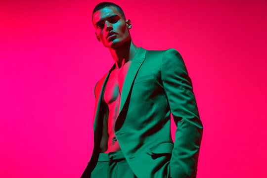 Stylish Mens Deep Green Suit with Solid Neon Pink Modern Fashion Lifestyle Portrait Background