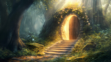 Fantasy enchanted fairy tale forest with magical opening secret wooden door and stairs leading to mystical shine light outside the gate,. Enchanted Forest. Illustration