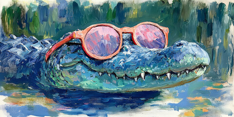 An alligator with pink sunglasses in a painting style.