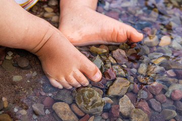 Close-Up of Child's Feet in Clear Rocky Stream in Waterton, Alberta, Canada