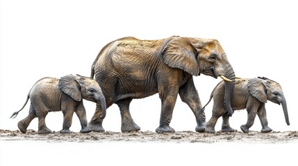 Fototapeta premium Elephant family clipart showing adults and calves on a white background