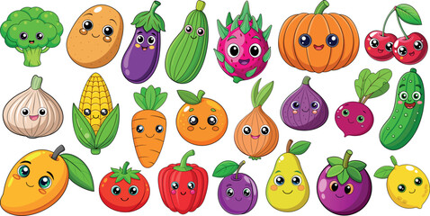 Naklejka premium Kawaii fruits and vegetables vector set