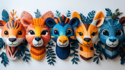 Fototapeta premium Expressive safari animal faces on white background